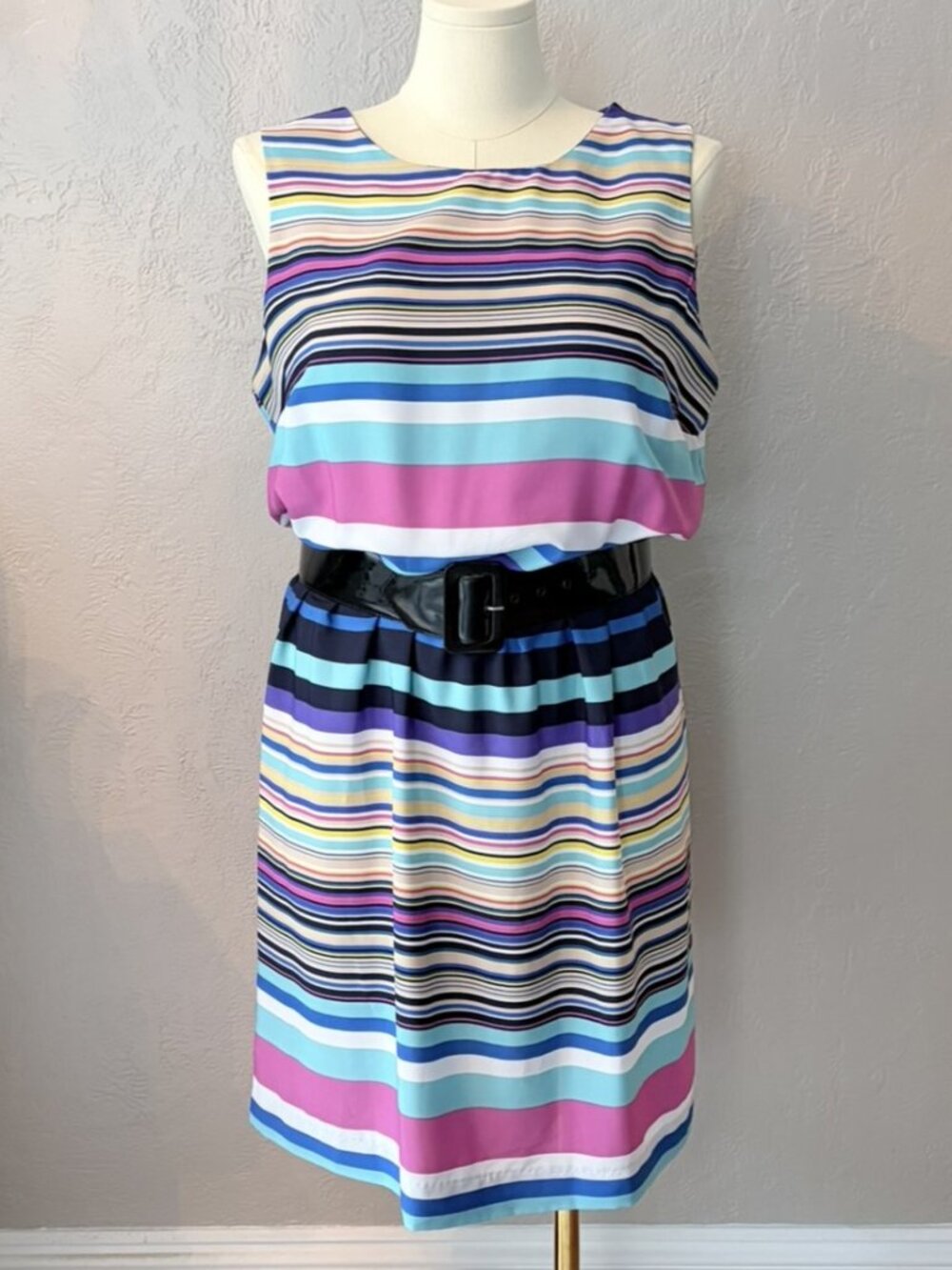 Shelby and Palmer Multi-Color Striped Sleeveless Belted Midi Dress Sz 16 NWT